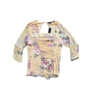 Sara Michelle Floral Mesh Ruched Top Y2K Women Size Medium Yellow